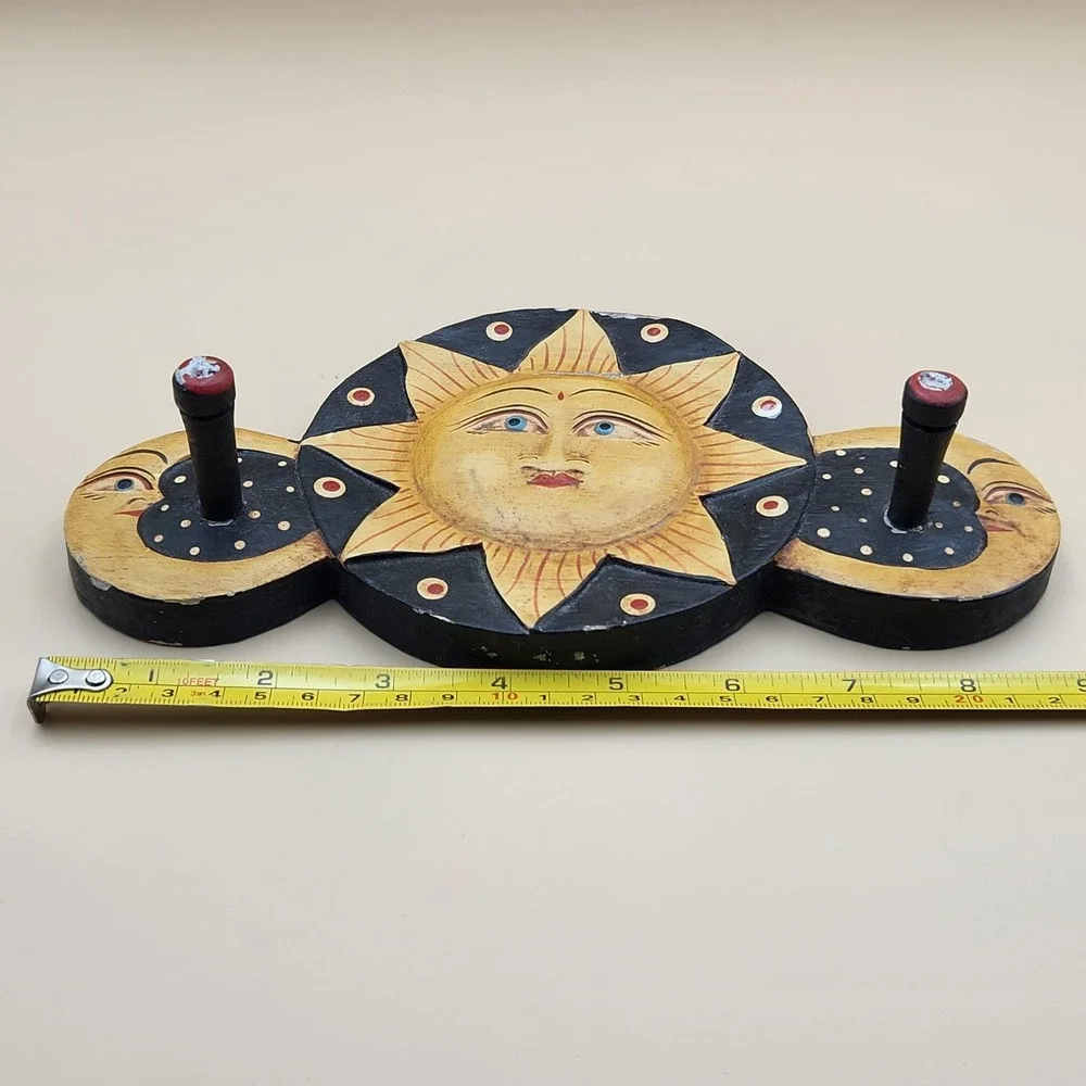 Vintage Celestial Moon Stars Sun Wooden Painted Key Coat Hook Wall Hanger Decor